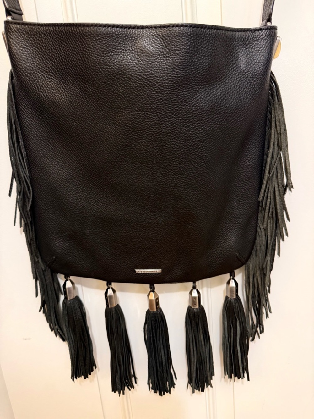 Fringed Tassel Crossbody Pebble Leather Black Bag